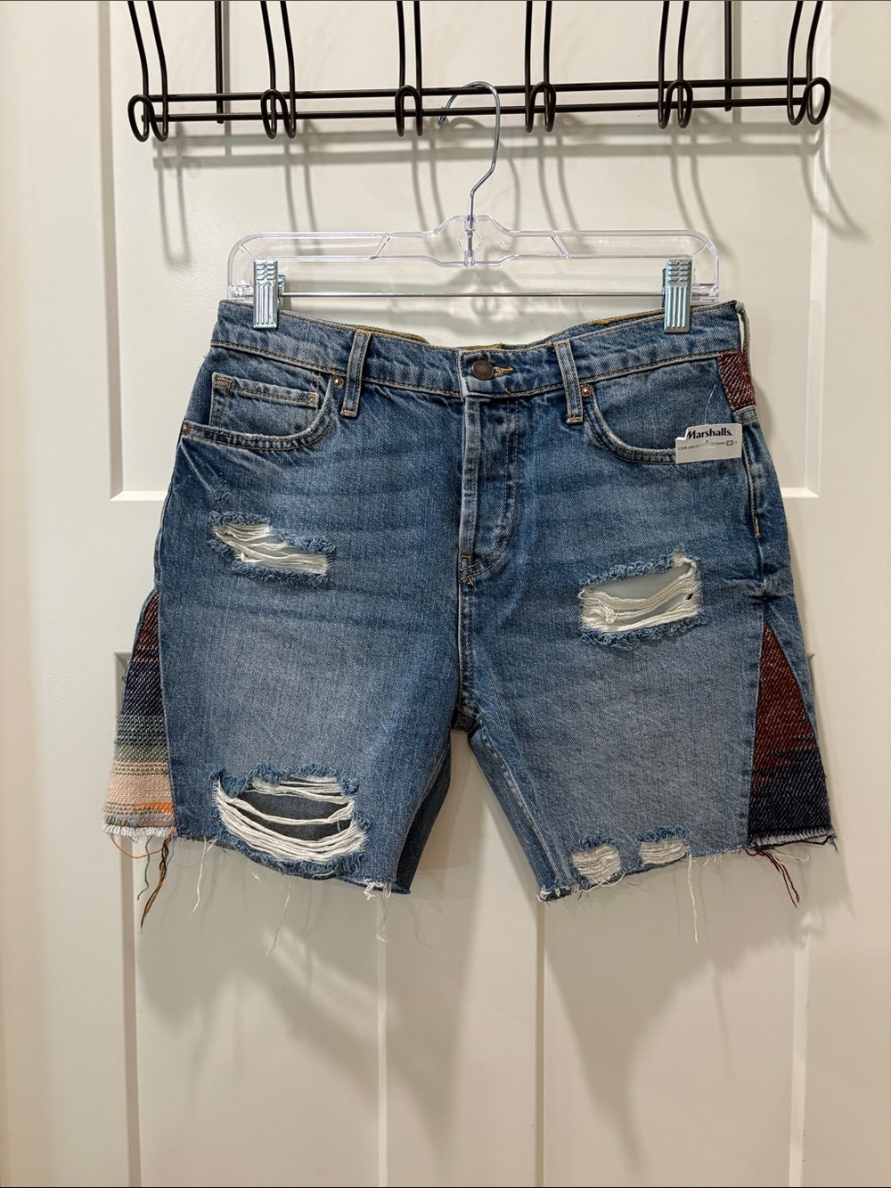 Free People Blue Distressed Denim Shorts with Multicolor Side Panels